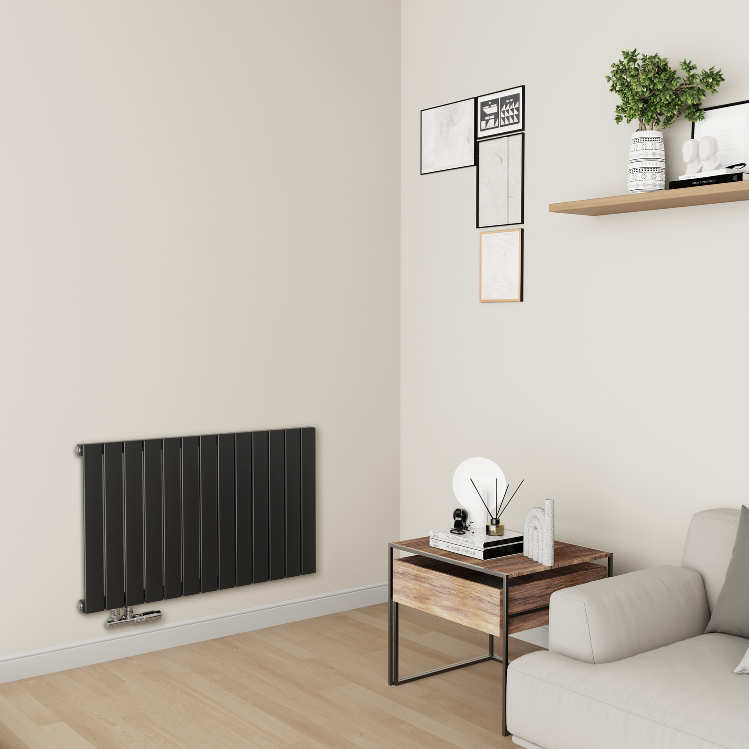 Eco Eleganza Black Midnight Horizontal Flat Aluminium Middle Connection Radiator 600X975mm Single Panel 2992 Btu