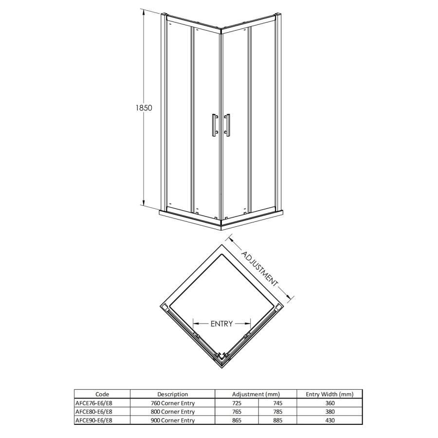 800 x 800 Corner Entry Sliding Shower Enclosure - 6mm Glass - Fiji