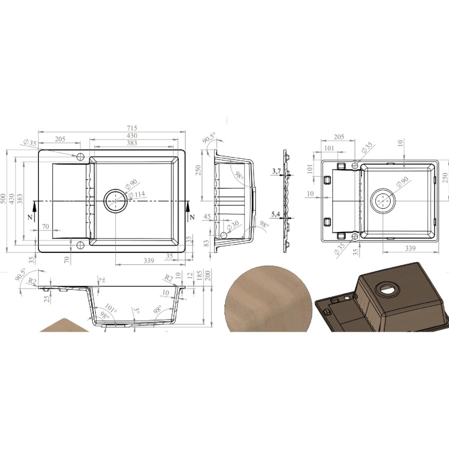 1 Bowl Black Inset Granite Composite Compact Kitchen Sink with Reversible Drainer - Enza Alice