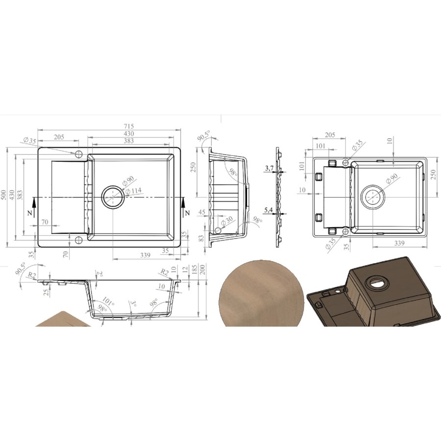 1 Bowl White Inset Granite Composite Compact Kitchen Sink with Reversible Drainer - Enza Alice