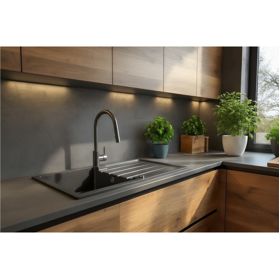 Large 1 Bowl Black Inset Granite Composite Kitchen Sink with Reversible Drainer - Enza Alice