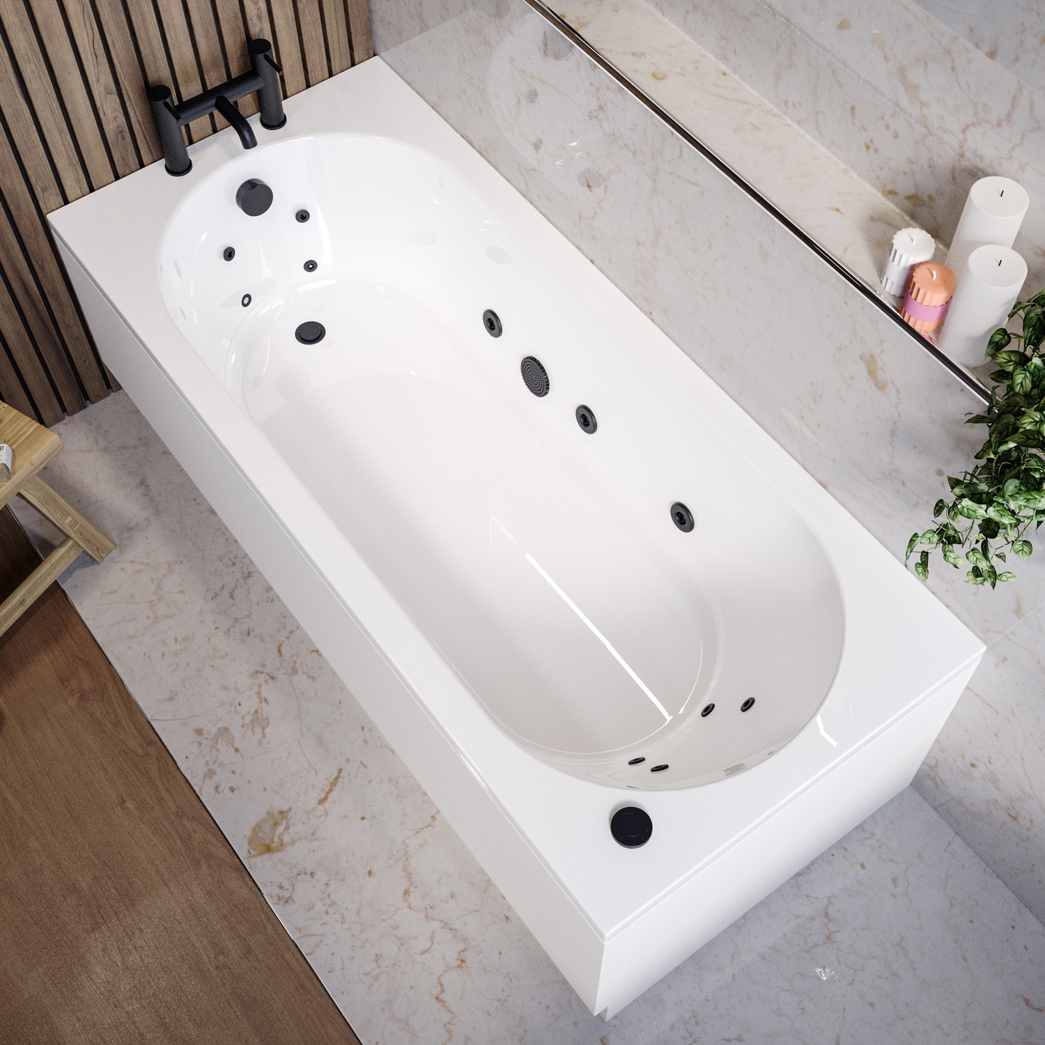 Alton White Single Ended Whirlpool Spa Bath With 14 Matt Black Whirlpool Jets 1700 X 750Mm
