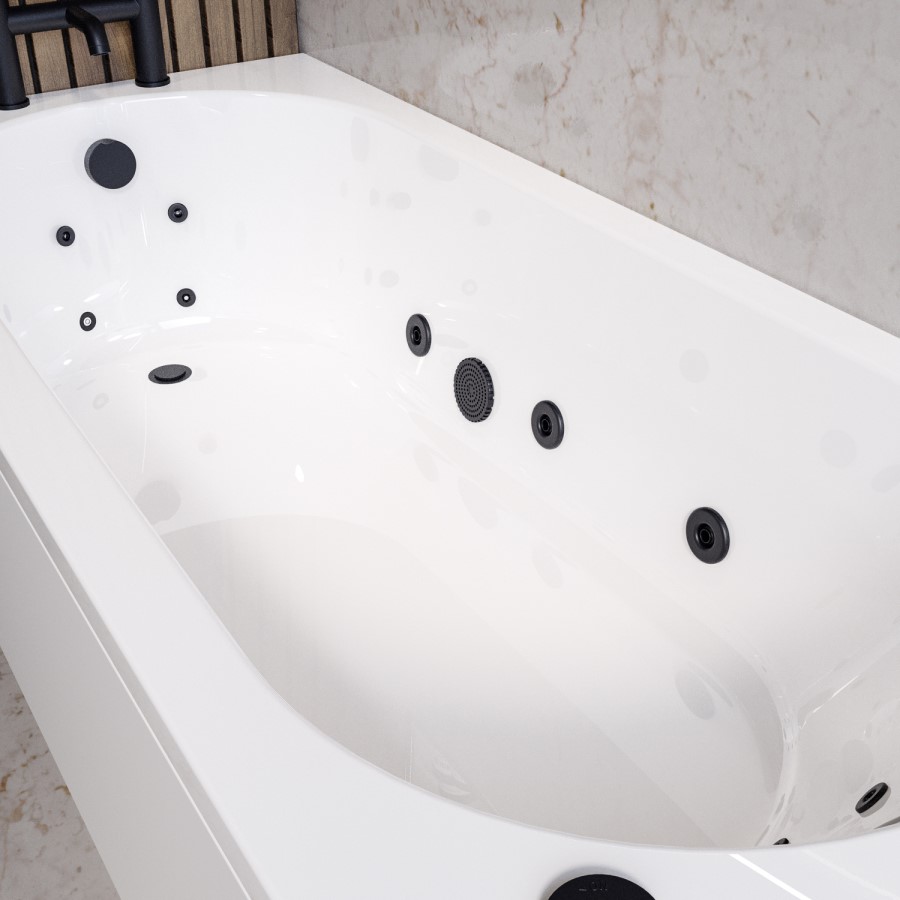 Single Ended Whirlpool Spa Bath with 14 Matt Black Whirlpool Jets 1700 x 750mm - Alton