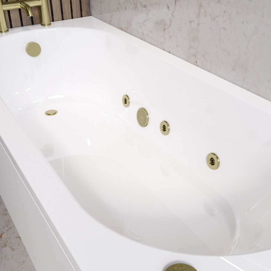 Single Ended Whirlpool Spa Bath with 6 Brushed Brass Whirlpool Jets 1700 x 750mm - Alton