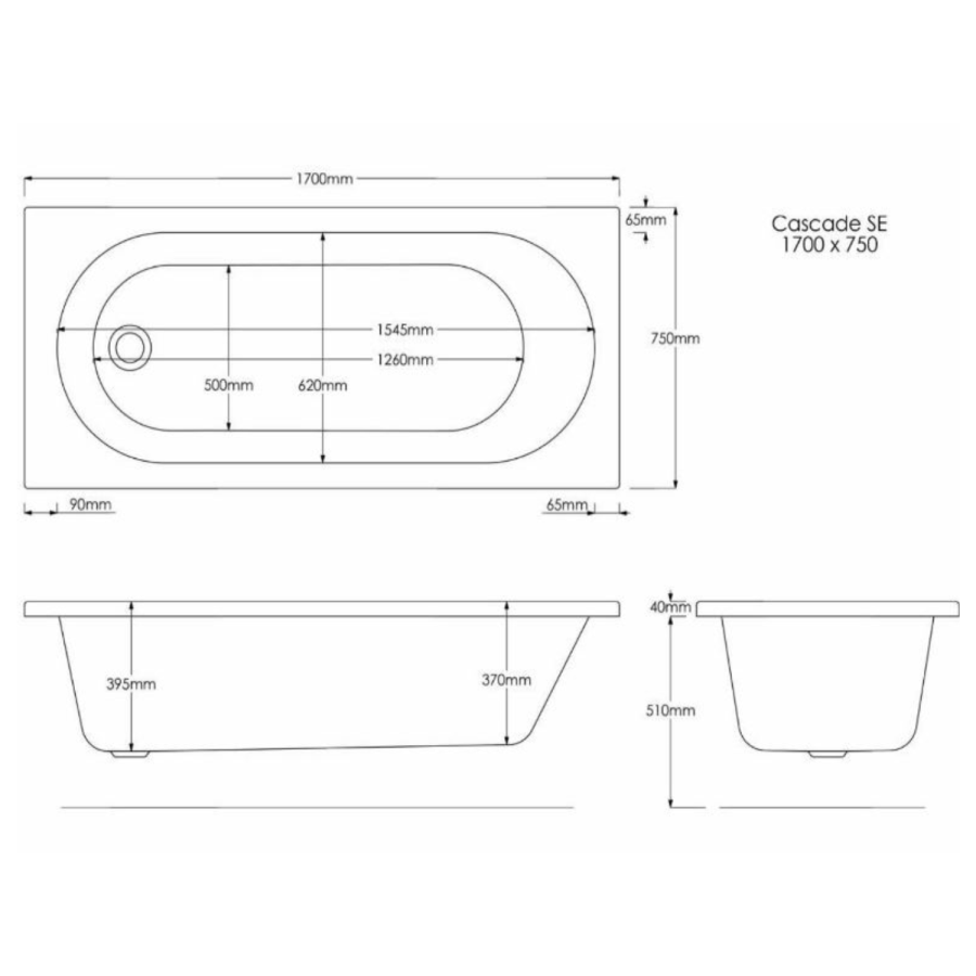 Single Ended Whirlpool Spa Bath with 6 Matt Black Whirlpool Jets 1700 x 750mm - Alton