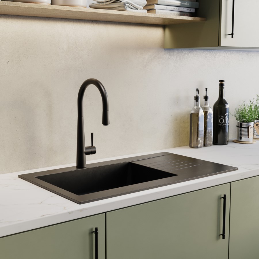 Single Bowl Inset Black Composite Square Kitchen Sink with Reversible Drainer - Essence Amelia