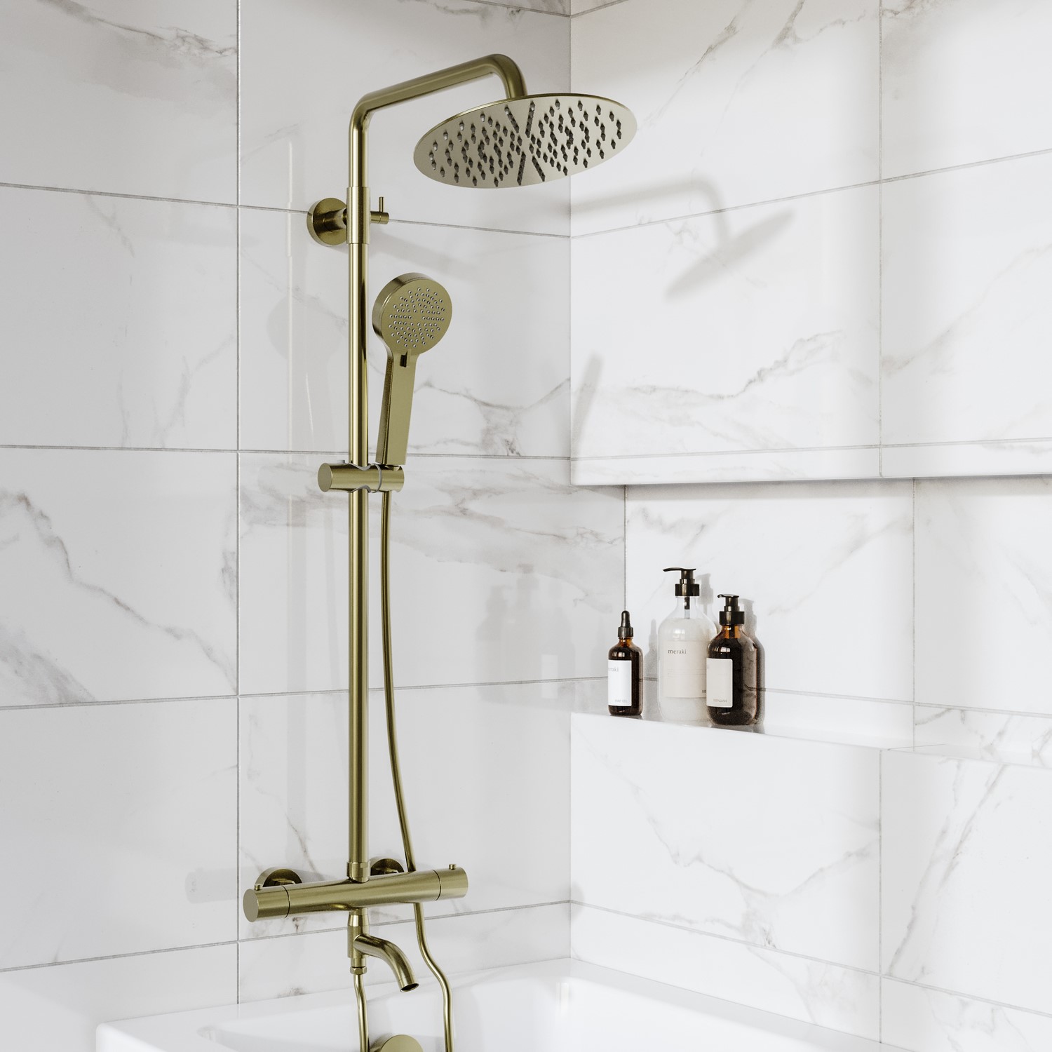Arissa Brass Brushed Round Thermostatic Mixer Shower Set With Bath Filler Spout