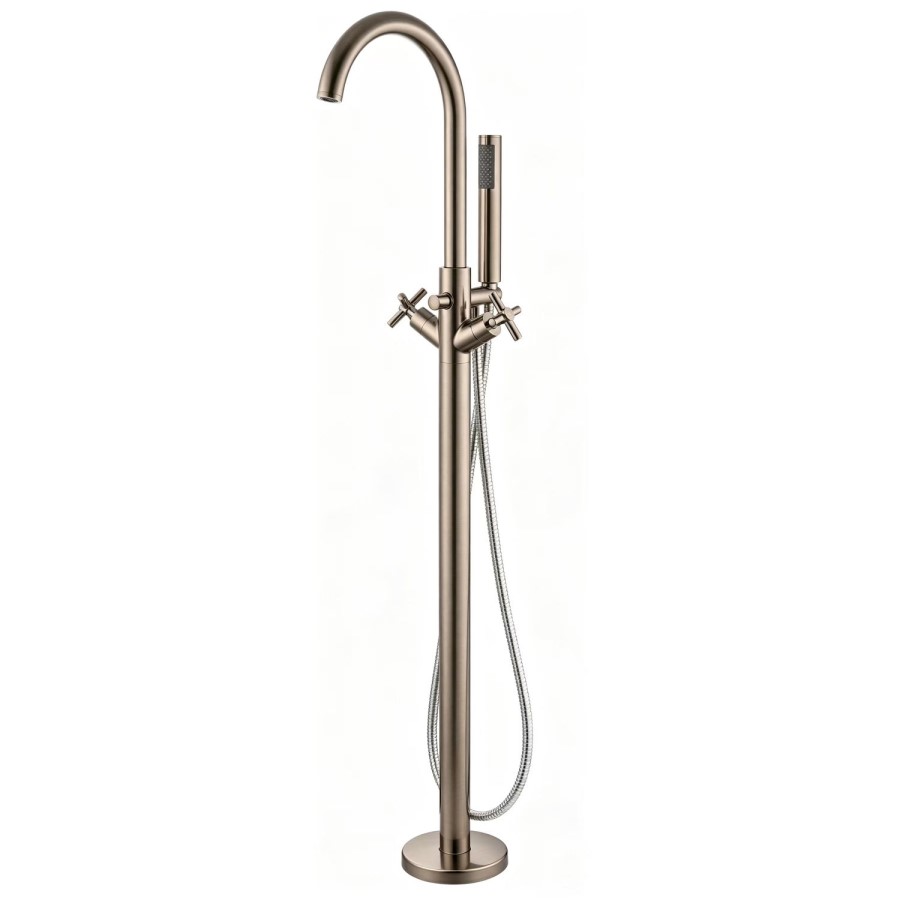 Brushed Brass Freestanding Bath Shower Mixer Tap With Cross Head Handles - Arissa