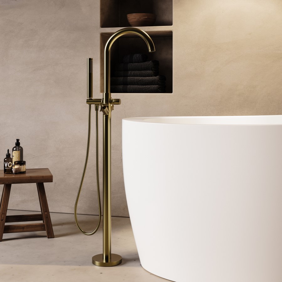 Brushed Brass Freestanding Bath Shower Mixer Tap With Cross Head Handles - Arissa
