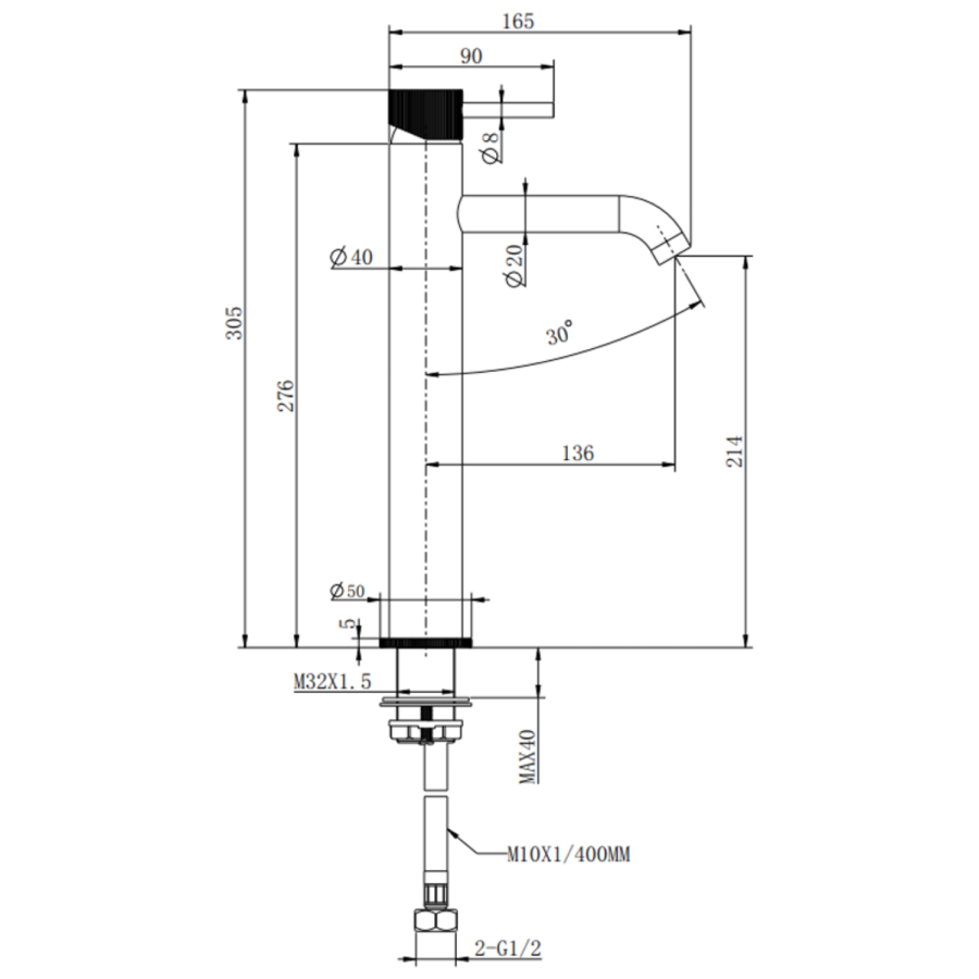 Brushed Brass Fluted Tall Mono Basin Mixer Tap - Arissa