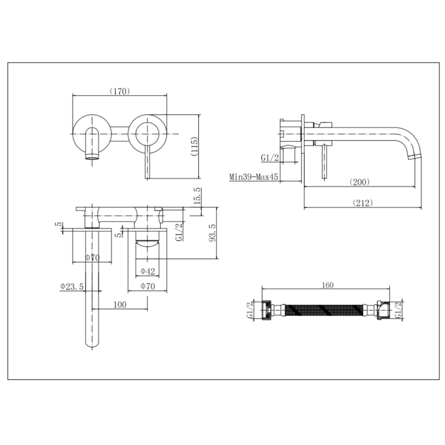 Black Chrome Wall Mounted Basin Mixer Tap - Arissa
