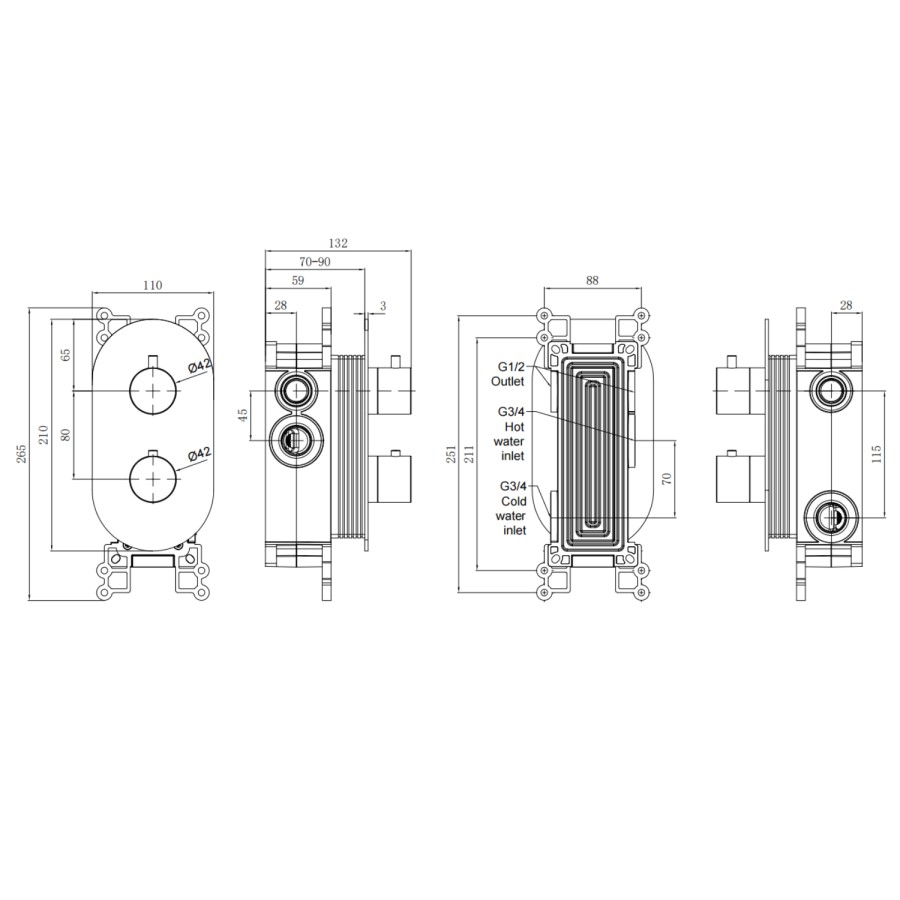 Brushed Bronze 2 Outlet Concealed Thermostatic Mixer Shower Valve - Arissa