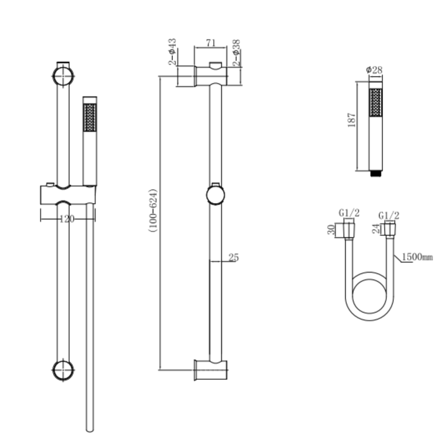 Brushed Brass  Round Adjustable Height Slide Rail Kit with Hand Shower - Arisssa