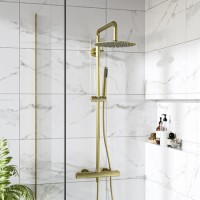 GRADE A2 - Brushed Brass Thermostatic Bar Mixer Shower Set with Slide Rail Kit & Pencil Hand Shower - Arissa