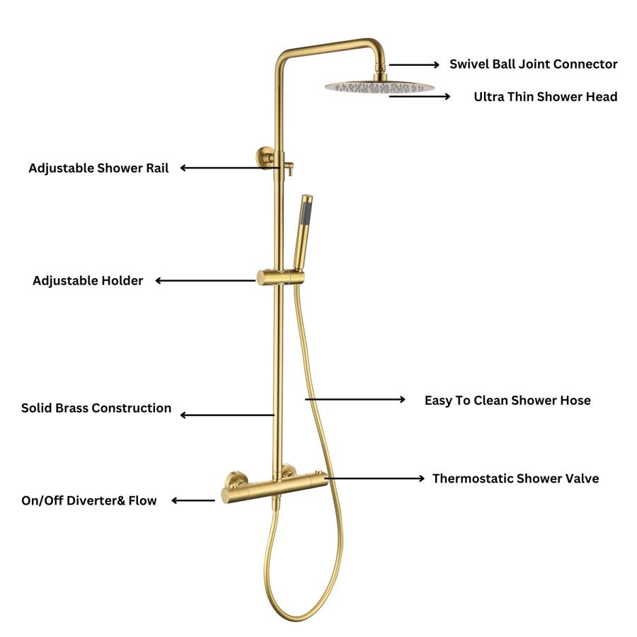 Brushed Brass Thermostatic Bar Mixer Shower Set with Slide Rail Kit & Pencil Hand Shower - Arissa