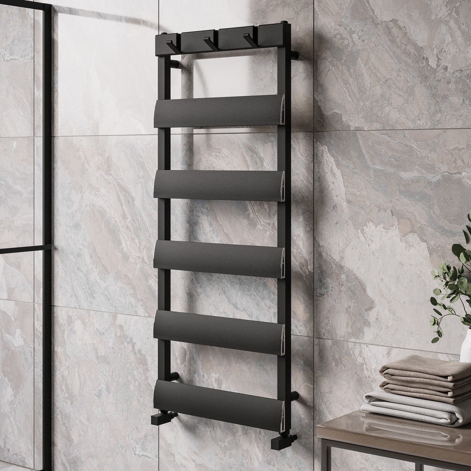 Tol Radiators Black Towel Radiator with Hooks 1200 x 500mm - Arizona - Better Bathrooms