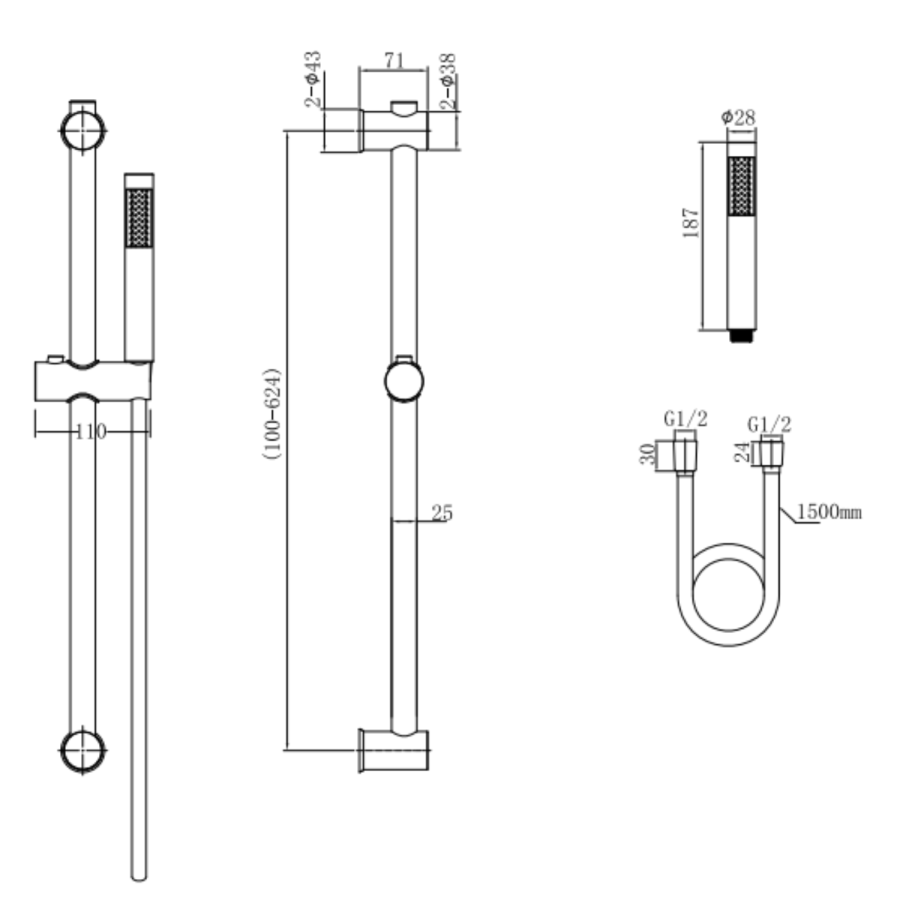 Black Round Adjustable Height Slide Rail Kit with Hand Shower - Arissa