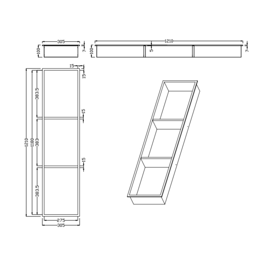 Black Shower Niche with Shelves 305 x 1210mm - Arissa