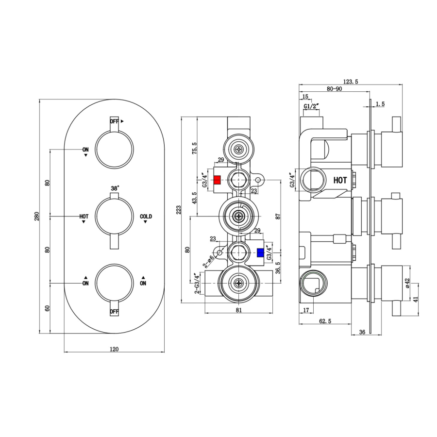 Matt Black Triple Outlet Triple Handle Thermostatic Concealed Shower Valve - Arissa