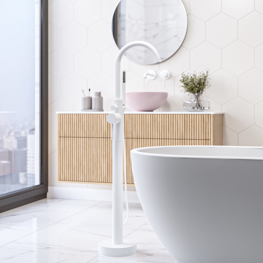 Matt White Tap Set With Freestanding Tap And Basin Mixer - Arissa