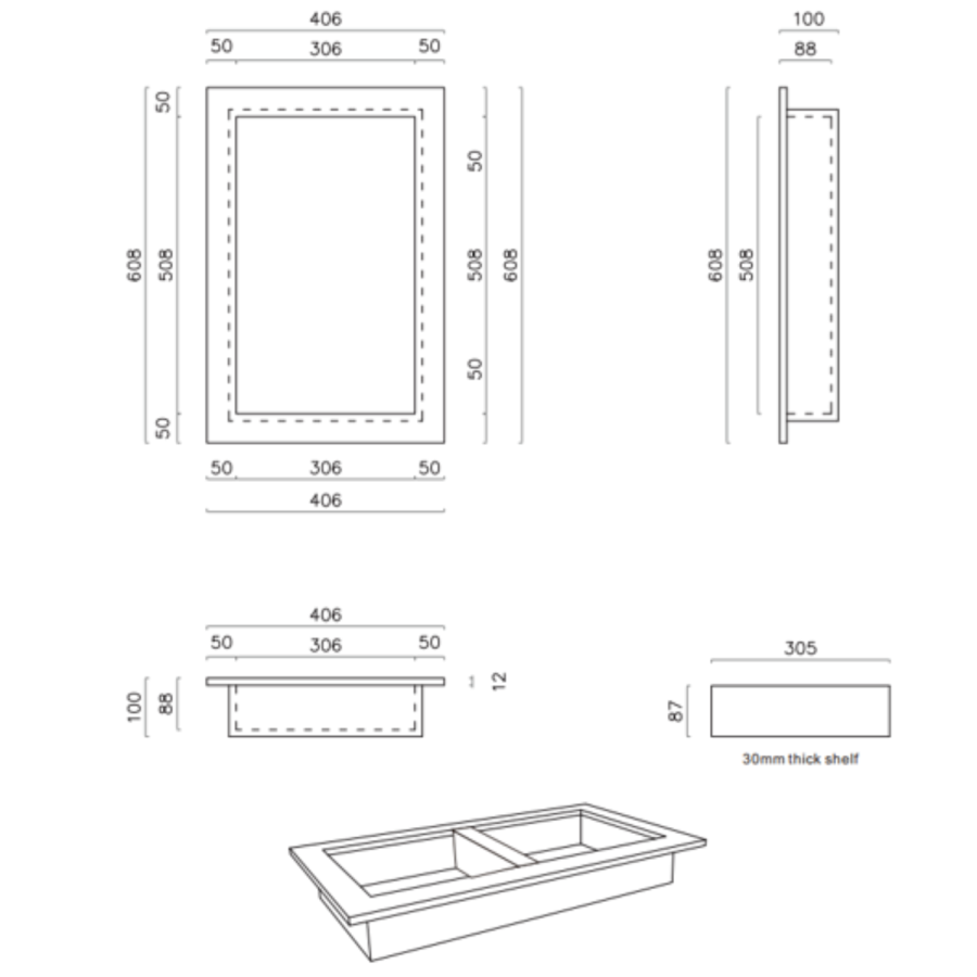 Tileable Shower Niche with Shelf - 608 x 406mm - Arissa
