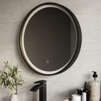 Round Black & Brass Heated Bathroom Mirror with Lights 600mm - Arlo Round Black & Brass Heated Bathroom Mirror with Lights 600mm - Arlo