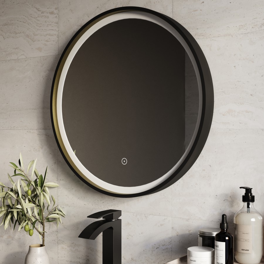 Round Black & Brass Heated Bathroom Mirror with Lights 600mm - Arlo