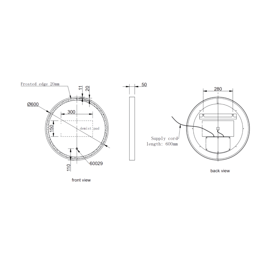 Round Black & Brass Heated Bathroom Mirror with Lights 600mm - Arlo