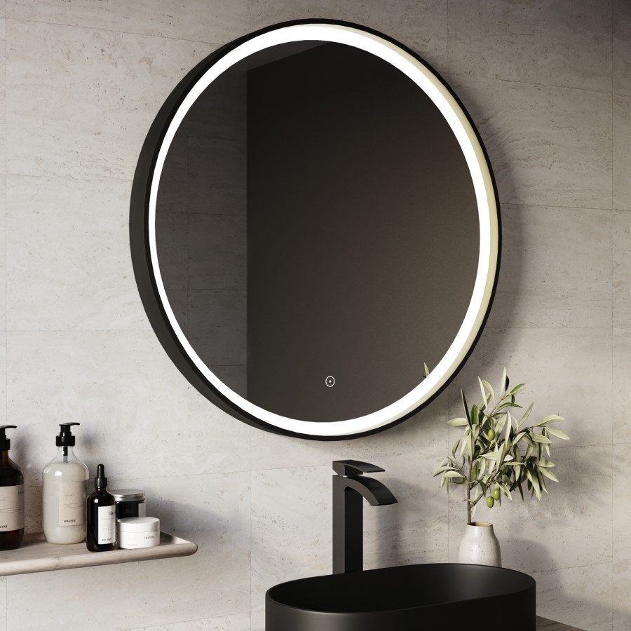 Round Black & Brass Heated Bathroom Mirror with Lights 800mm - Arlo
