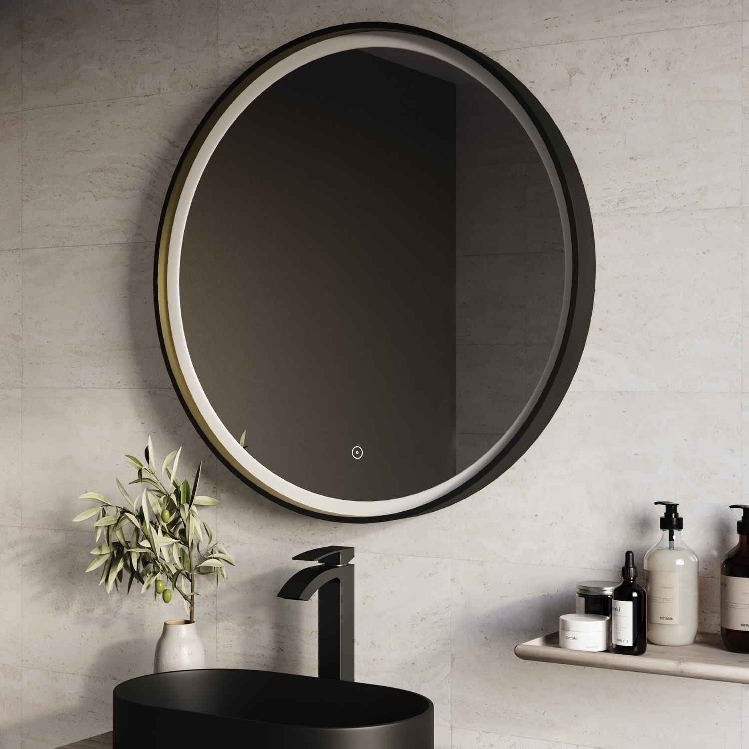 Round Black & Brass Heated Bathroom Mirror with Lights 800mm - Arlo ...