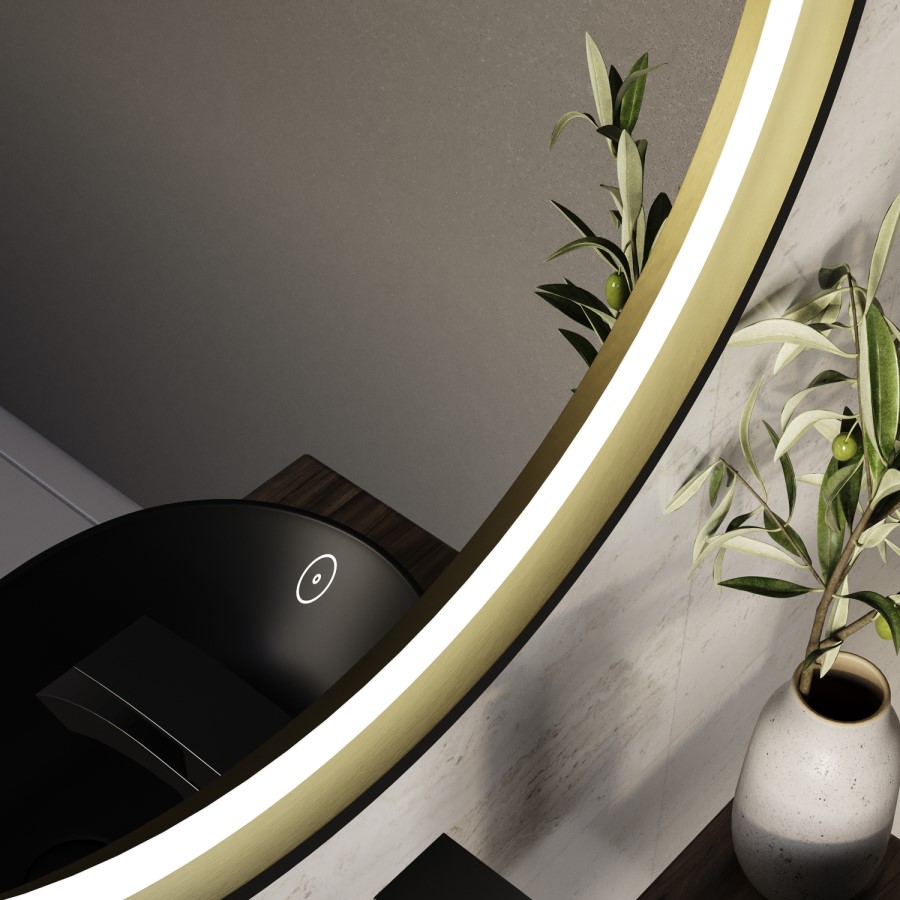 Round Black & Brass Heated Bathroom Mirror with Lights 800mm - Arlo