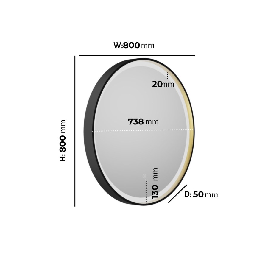 Round Black & Brass Heated Bathroom Mirror with Lights 800mm - Arlo