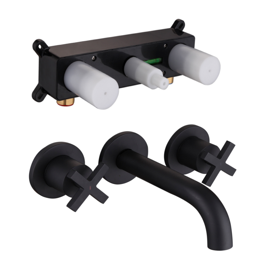 GRADE A1 - Black Crosshead Handle Wall Mounted Basin Mixer Tap - Arissa