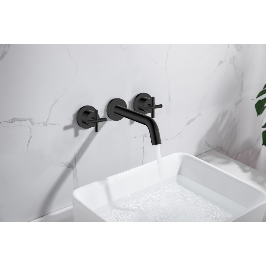 GRADE A1 - Black Crosshead Handle Wall Mounted Basin Mixer Tap - Arissa