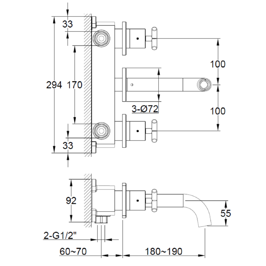 GRADE A1 - Black Crosshead Handle Wall Mounted Basin Mixer Tap - Arissa