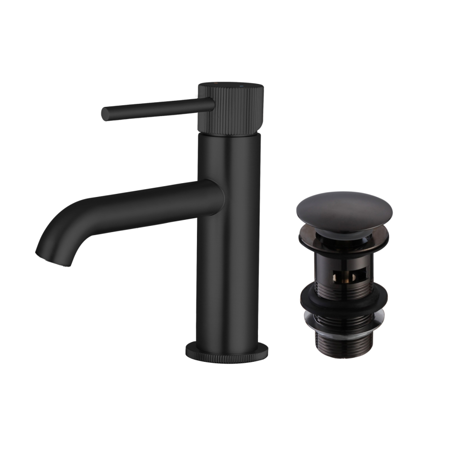 Matt Black Fluted Cloakroom Mono Basin Mixer Tap with Waste - Arissa