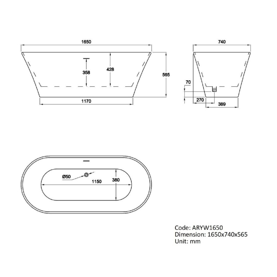 GRADE A2 - Freestanding Double Ended Bath 1650 x 740mm - Arya