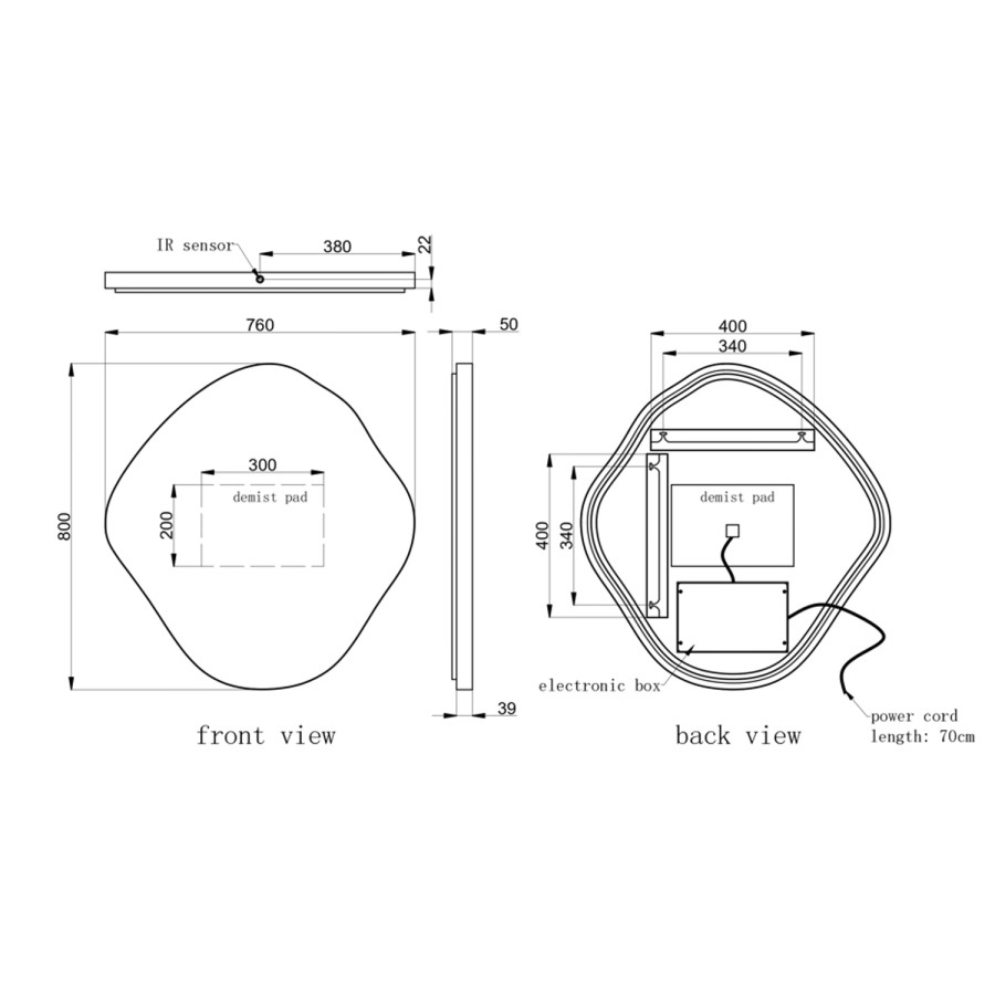 ONLY OPENED - Pebble Black Backlit Heated Bathroom Mirror with Lights 760 x 800mm - Aster