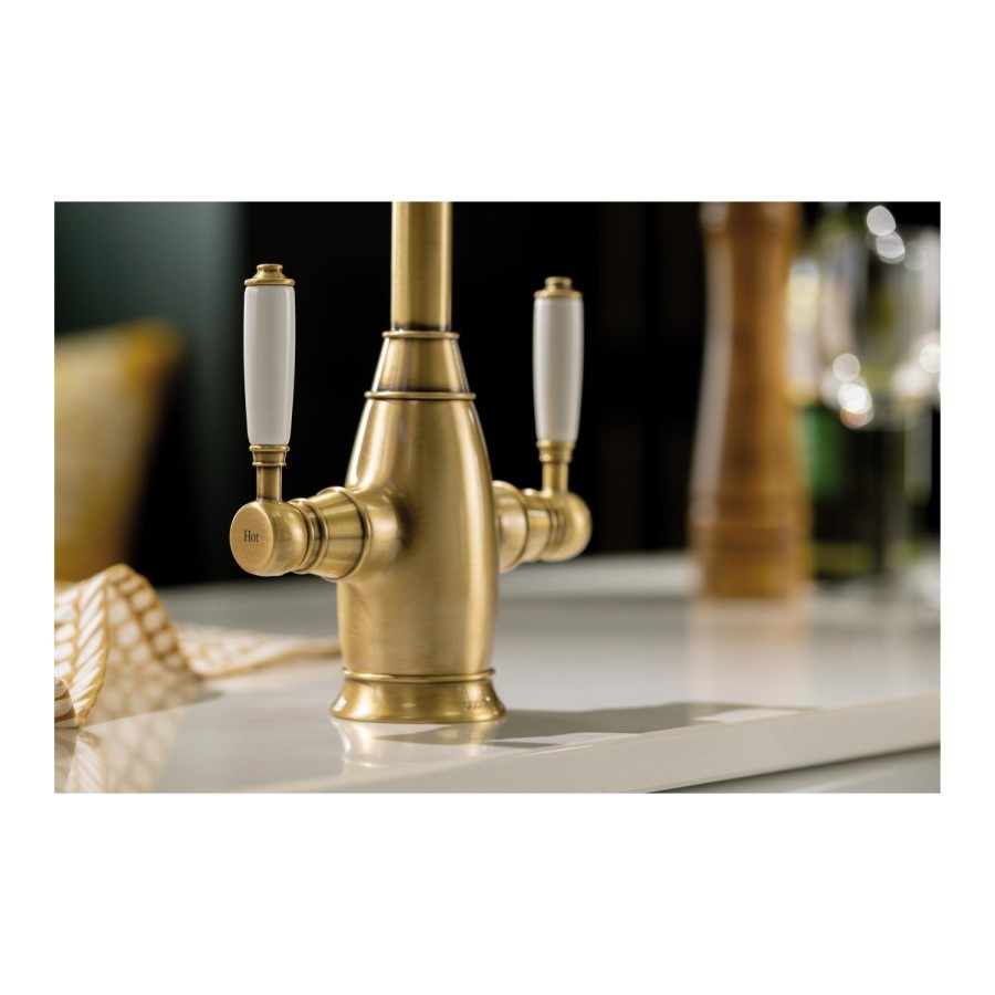 GRADE A1 - Oxbury Dual Lever Kitchen Mixer Tap - Antique Brass