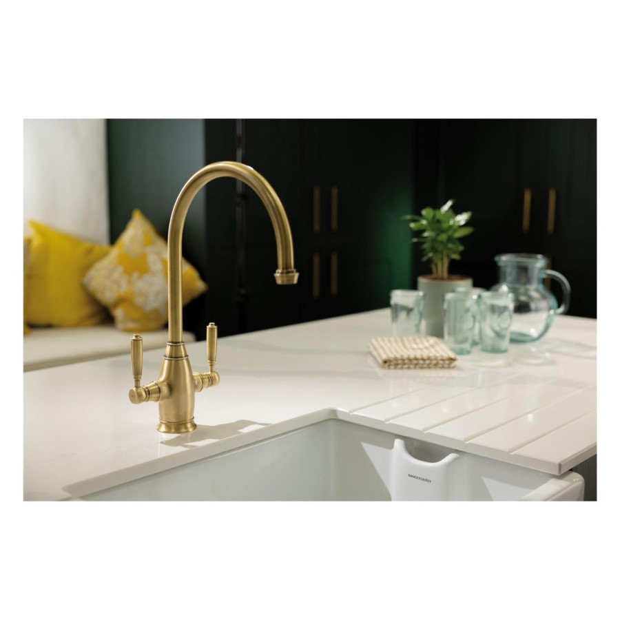 GRADE A1 - Oxbury Dual Lever Kitchen Mixer Tap - Antique Brass