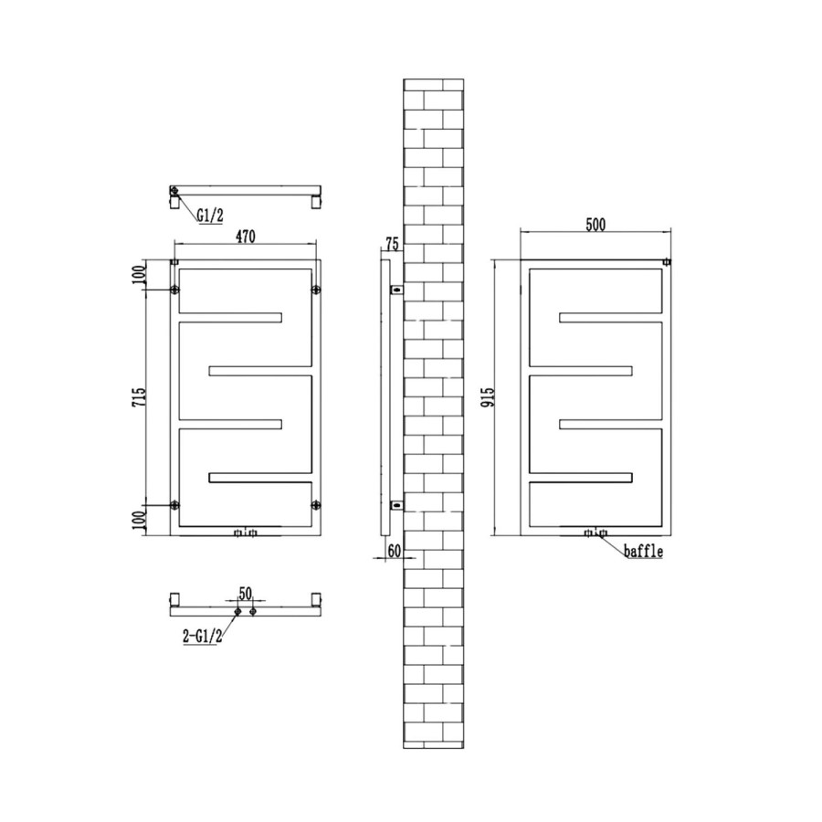 Black Designer Towel Radiator 915 x 500mm - Atka