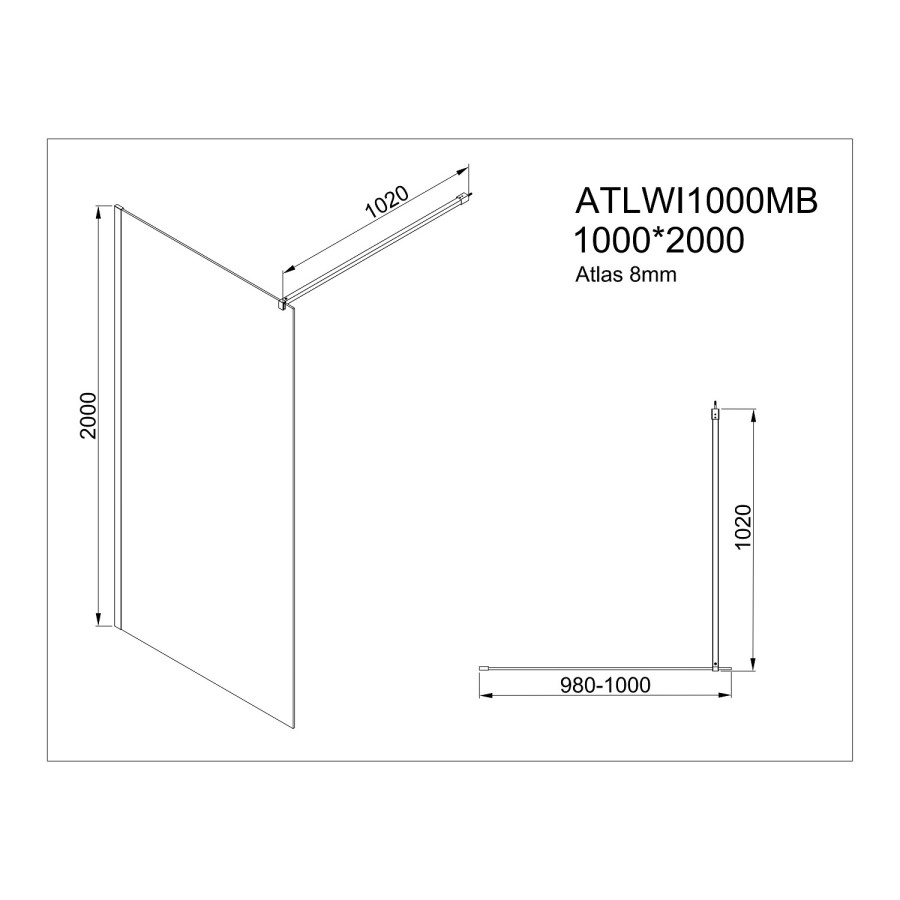 1000mm Black Smoked Glass Shower Screen for Wet Room & Walk In Shower - Atlas