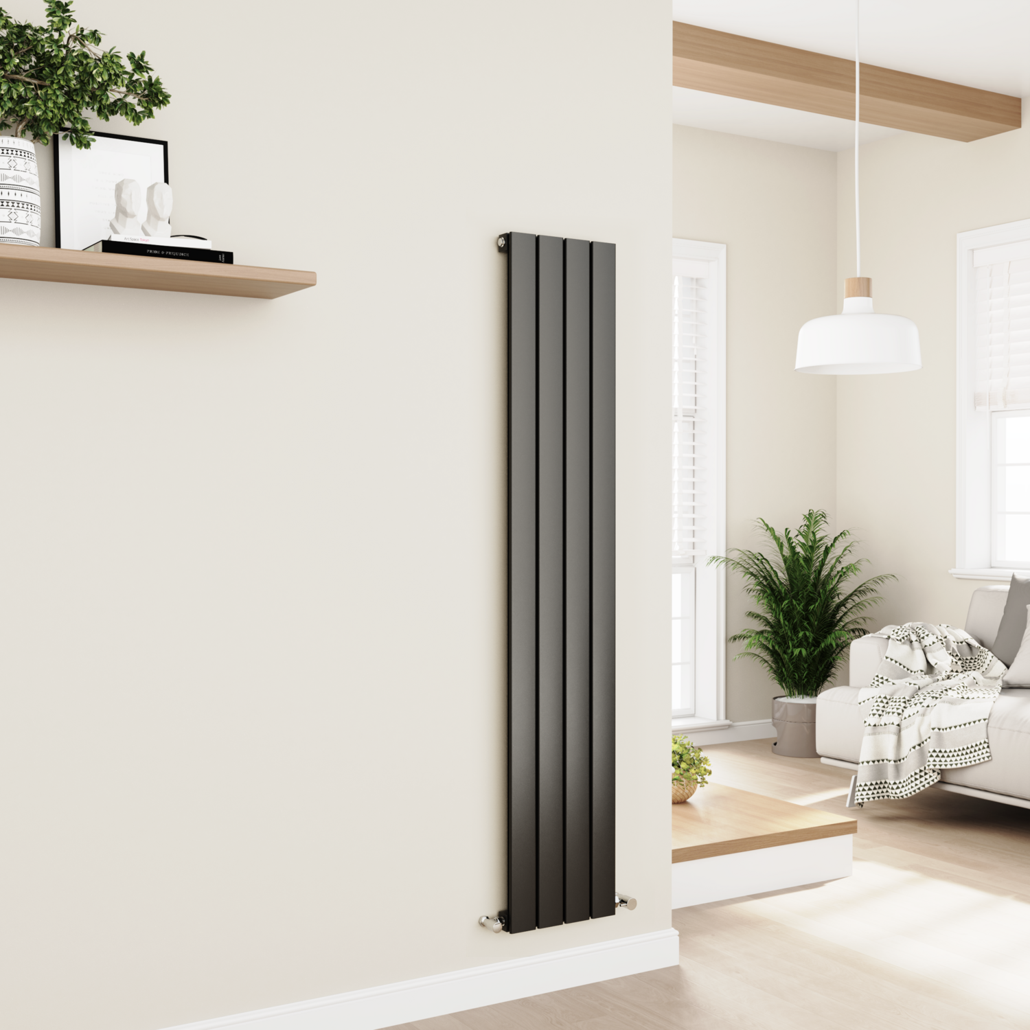 Eco Eleganza Black Midnight Vertical Flat Designer Aluminium Radiator 1600X300mm Single Panel 2036 Btu