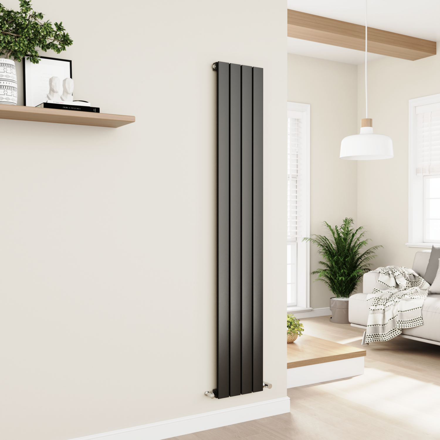 Eco Eleganza Black Midnight Vertical Flat Designer Aluminium Radiator 1800X300mm Single Panel 2258 Btu
