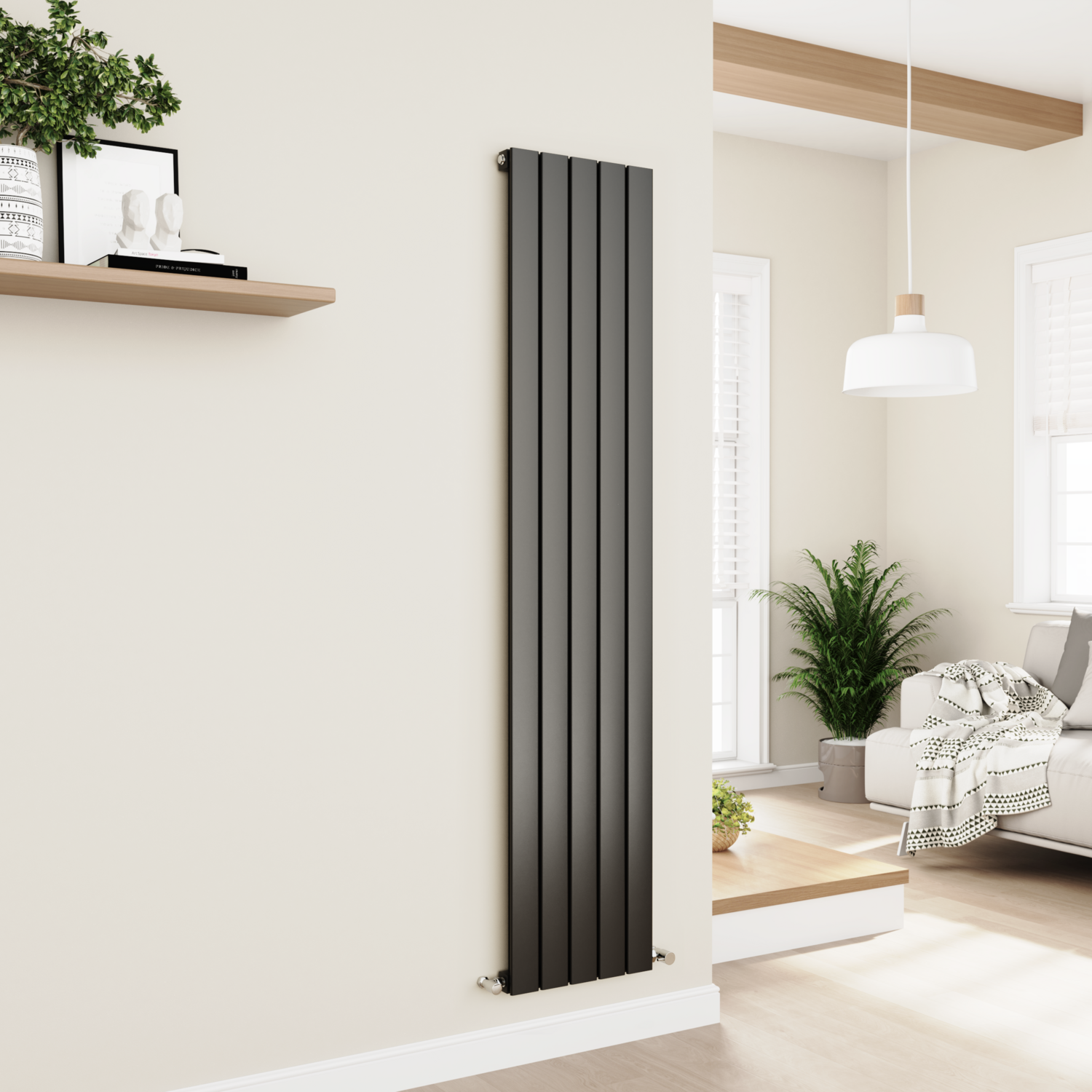 Eco Eleganza Black Midnight Vertical Flat Designer Aluminium Radiator 1800X375mm Single Panel 2823 Btu