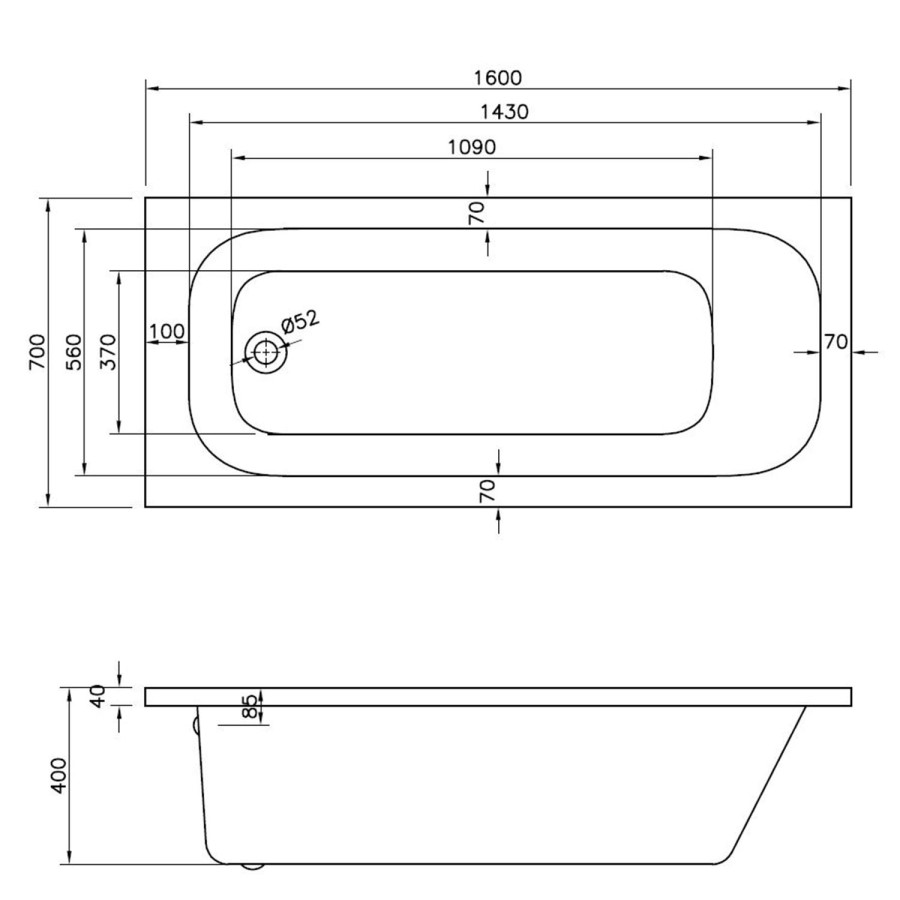 Sochi Round Style Single Ended Straight Standard Bath - 1600 x 700mm 