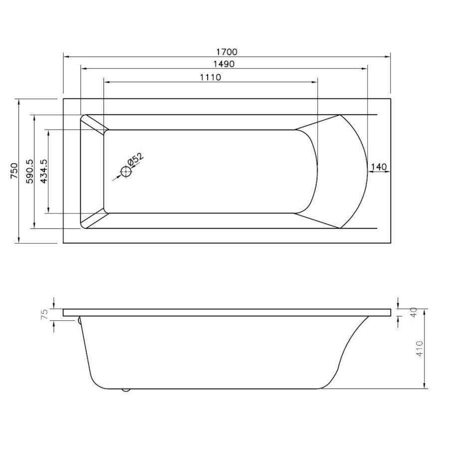 Rouen Single Ended Square Style Standard Bath - 1700 x 750mm