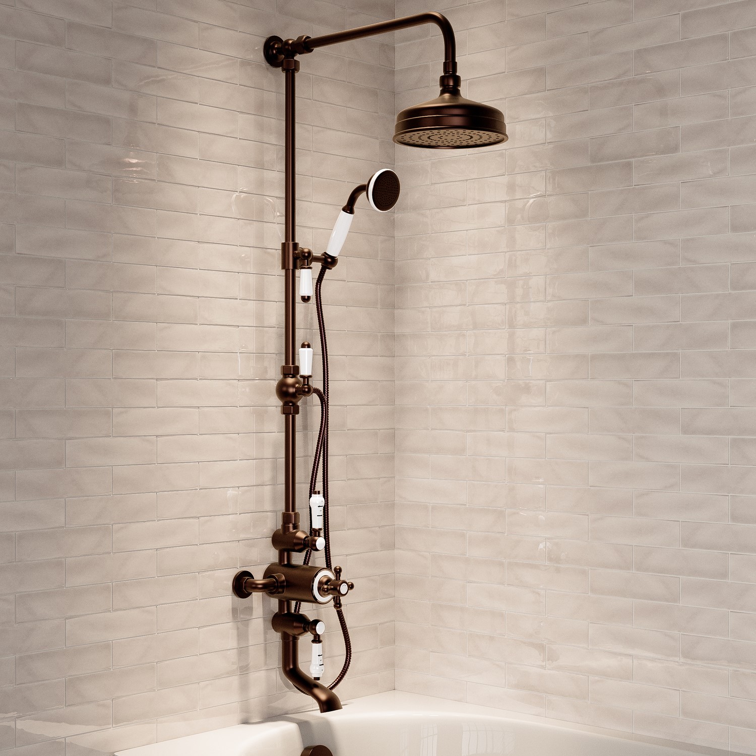 Camden Bronze Brushed Traditional Thermostatic Bath Mixer Shower Set With Bath Filler Spout - Slide Rail Kit & Hand Shower - Ca