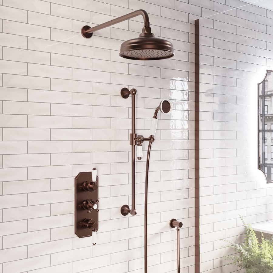 Brushed Bronze 2 Outlet Thermostatic Mixer Shower Set with Hand Shower & Slide Rail Kit - Cambridge