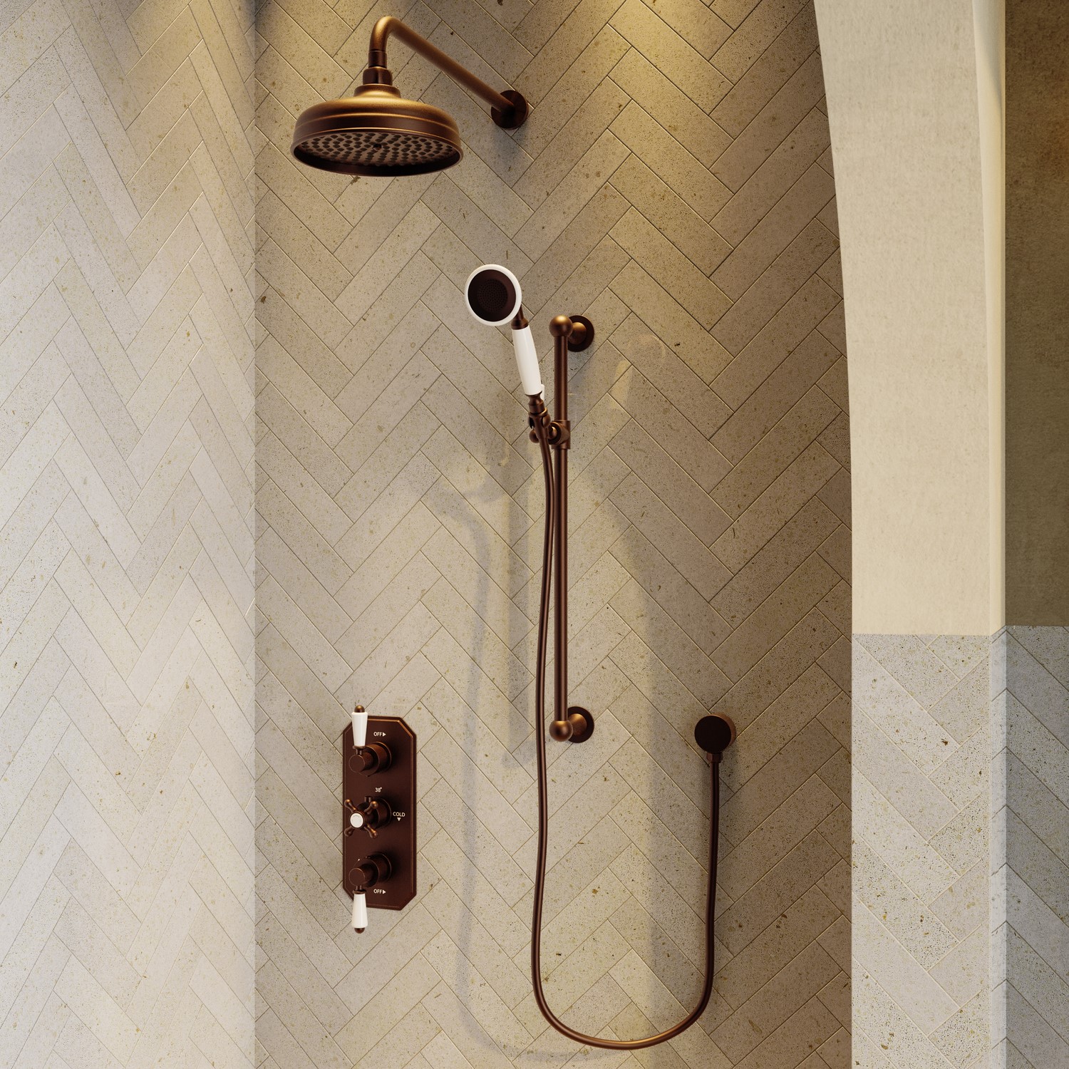 Bridge System Shower Brushed Bronze 2 Outlet Thermostatic Mixer Shower Set with Hand Shower ...